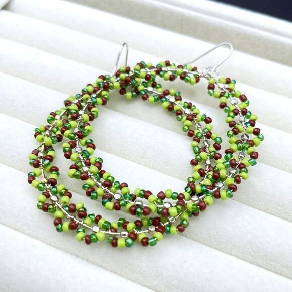Silver Wire Wrapped Multicolored Beaded Round Wreath Dangling Hook Earrings - Picture 7 of 9